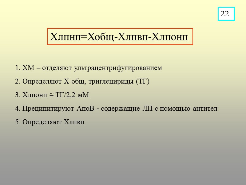 1. ХМ – отделяют ультрацентрифугированием 2. Определяют Х общ, триглецириды (ТГ) 3. Хлпонп 